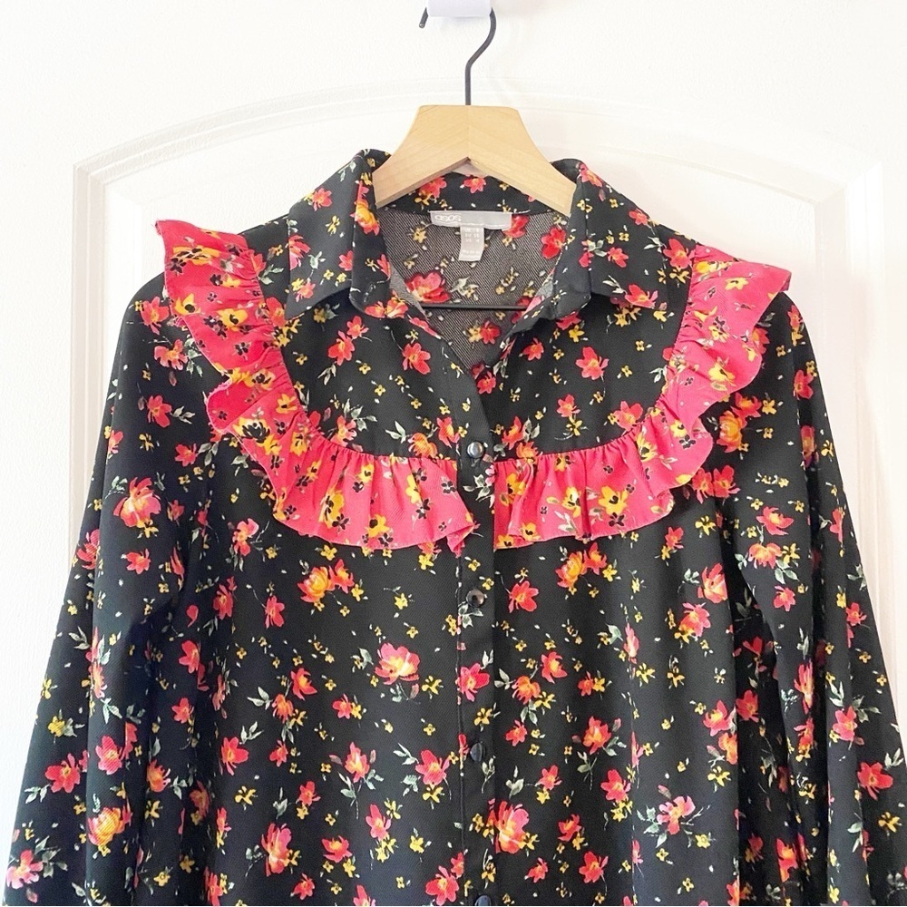 ASOS Floral Ruffle Button Front Shirt Dress Cottagecore - Picture 5 of 10